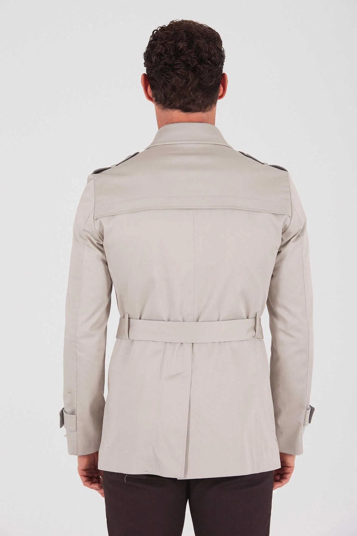 Slim Fit Flat Collar Cotton Blend Beige Long Coat