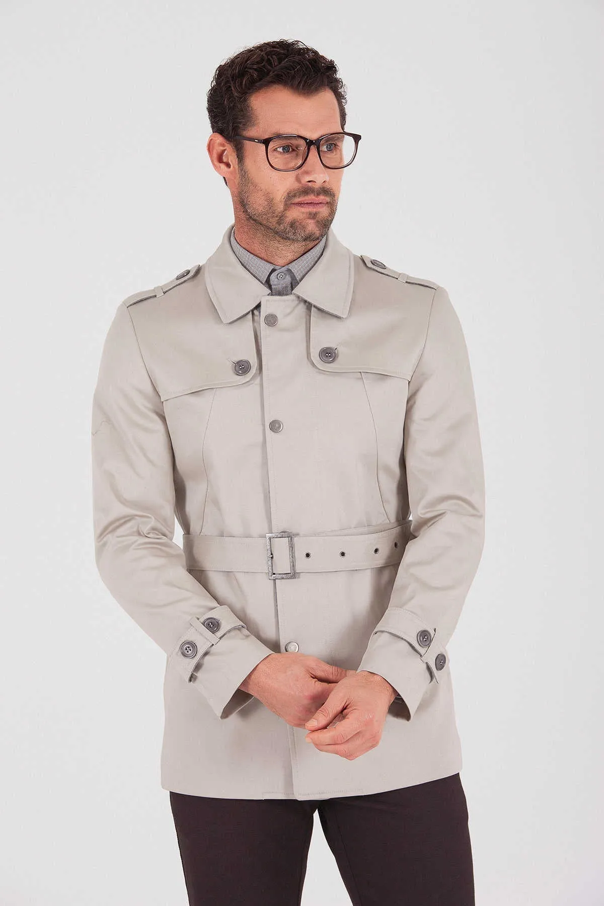 Slim Fit Flat Collar Cotton Blend Beige Long Coat