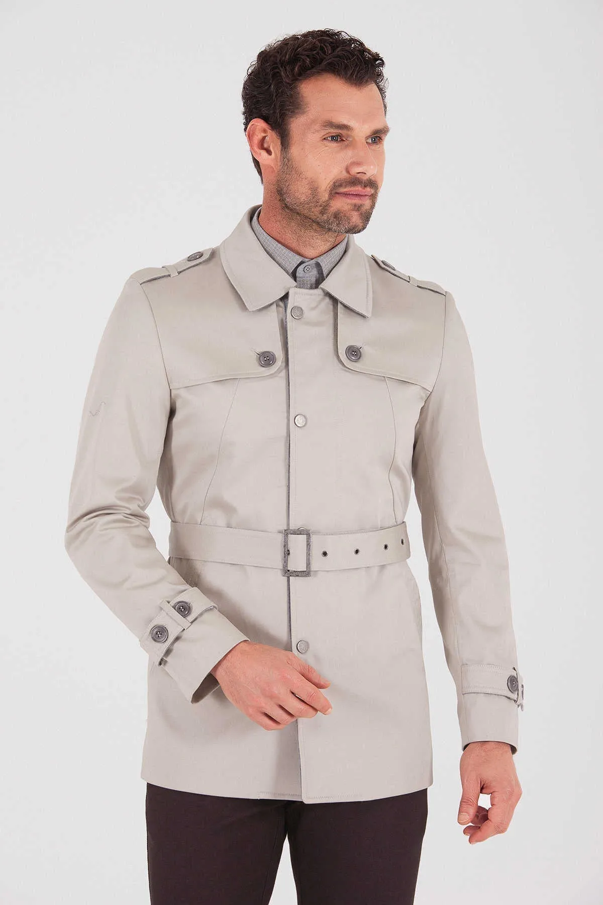 Slim Fit Flat Collar Cotton Blend Beige Long Coat