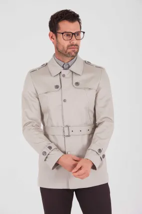 Slim Fit Flat Collar Cotton Blend Beige Long Coat