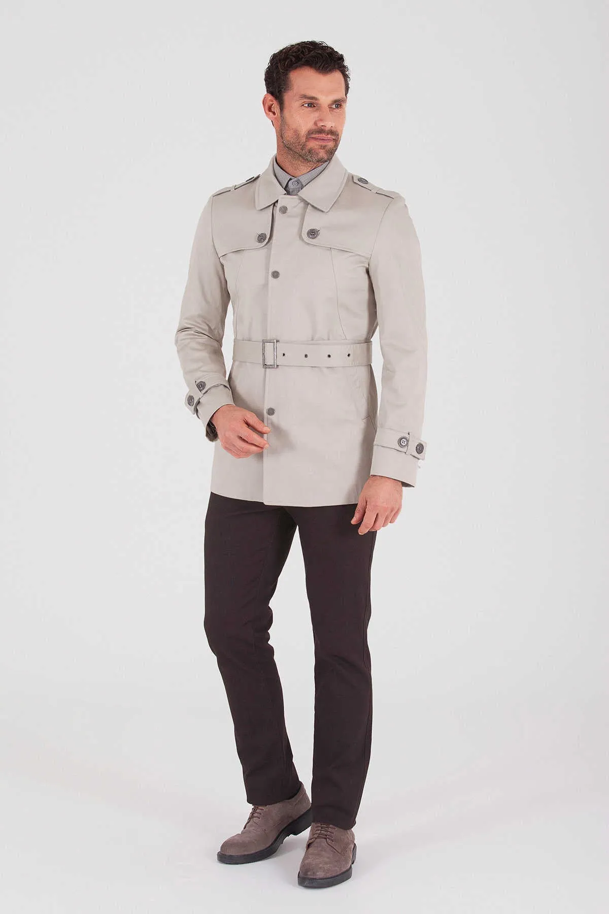 Slim Fit Flat Collar Cotton Blend Beige Long Coat