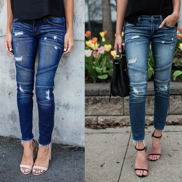 Slim-fit Street Hipster Pleated Hole Stretch Pencil Skinny Pants