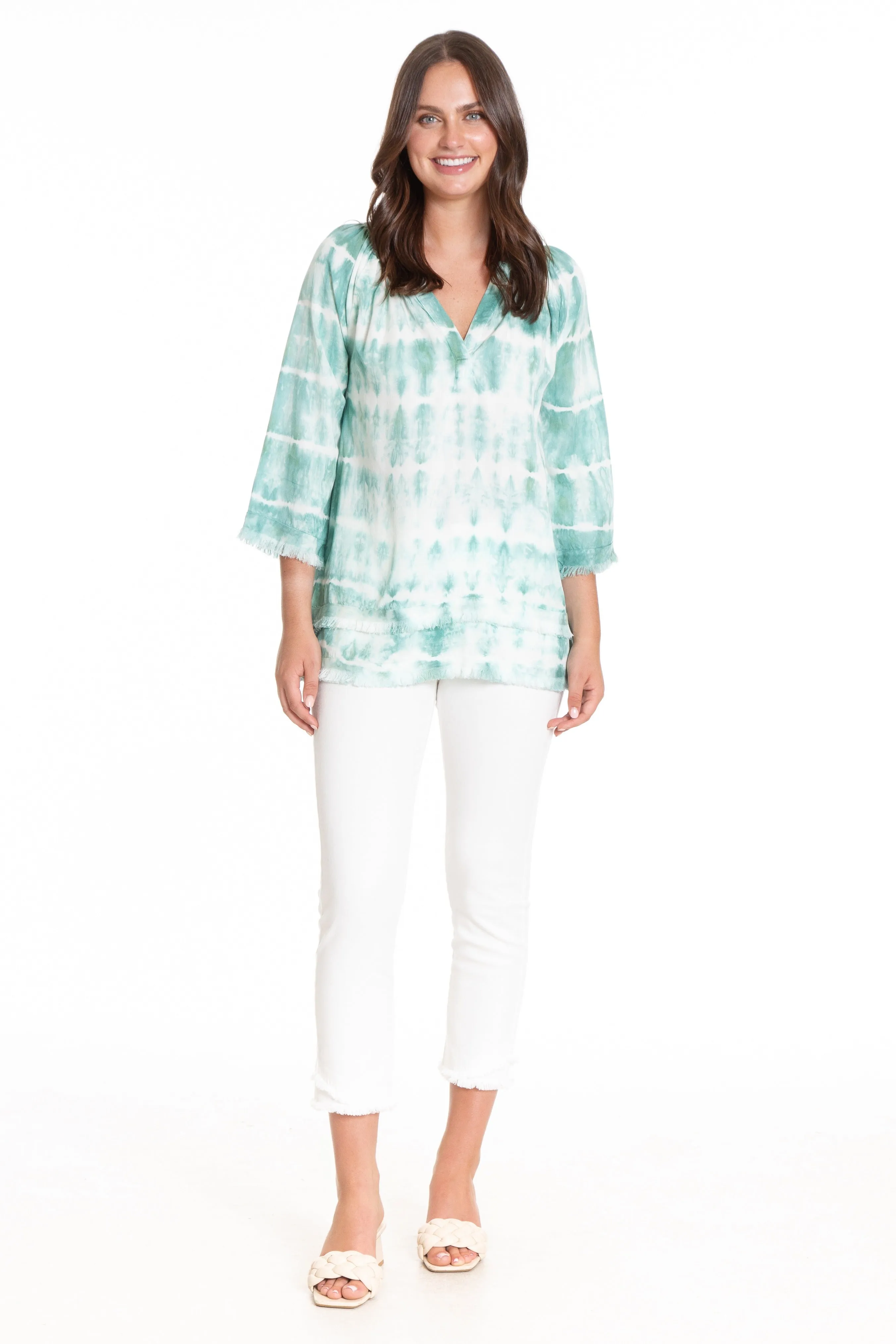 Smock Neck Tunic With Frayed Seams - Wintergreen Tiedye