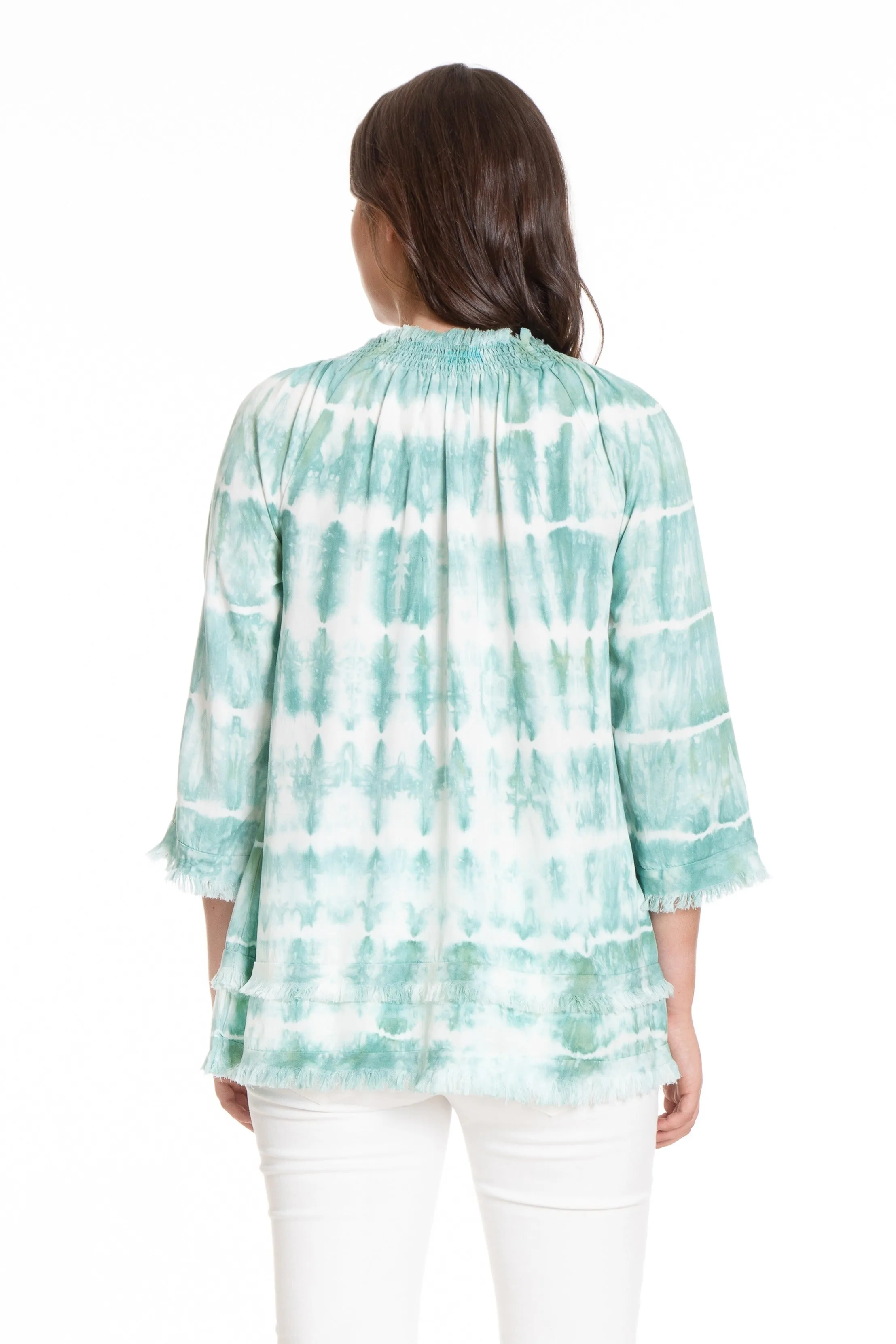 Smock Neck Tunic With Frayed Seams - Wintergreen Tiedye