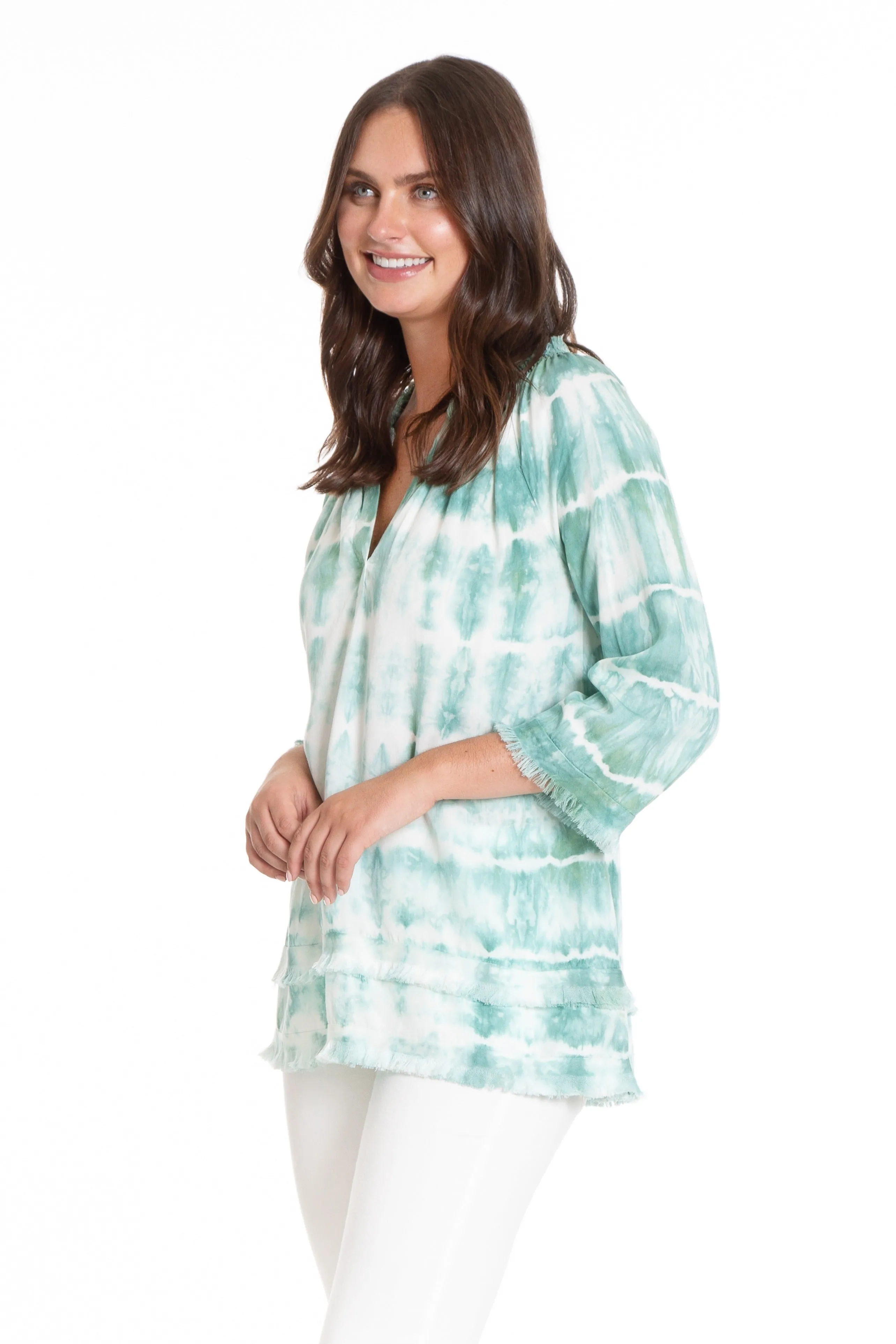 Smock Neck Tunic With Frayed Seams - Wintergreen Tiedye