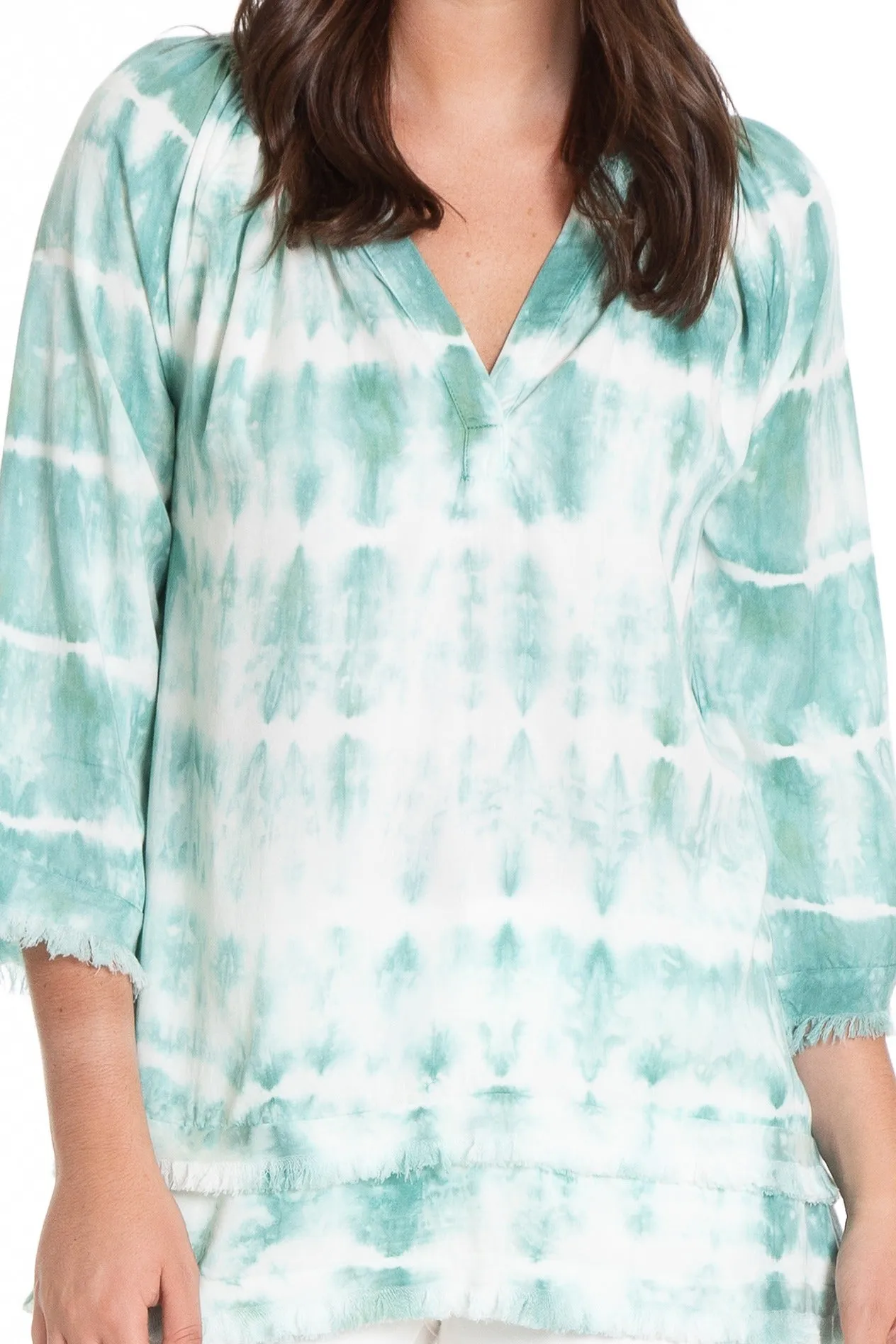 Smock Neck Tunic With Frayed Seams - Wintergreen Tiedye