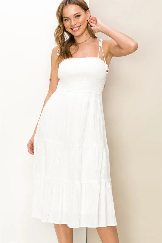 *SMOCKED MIDI DRESS WHITE