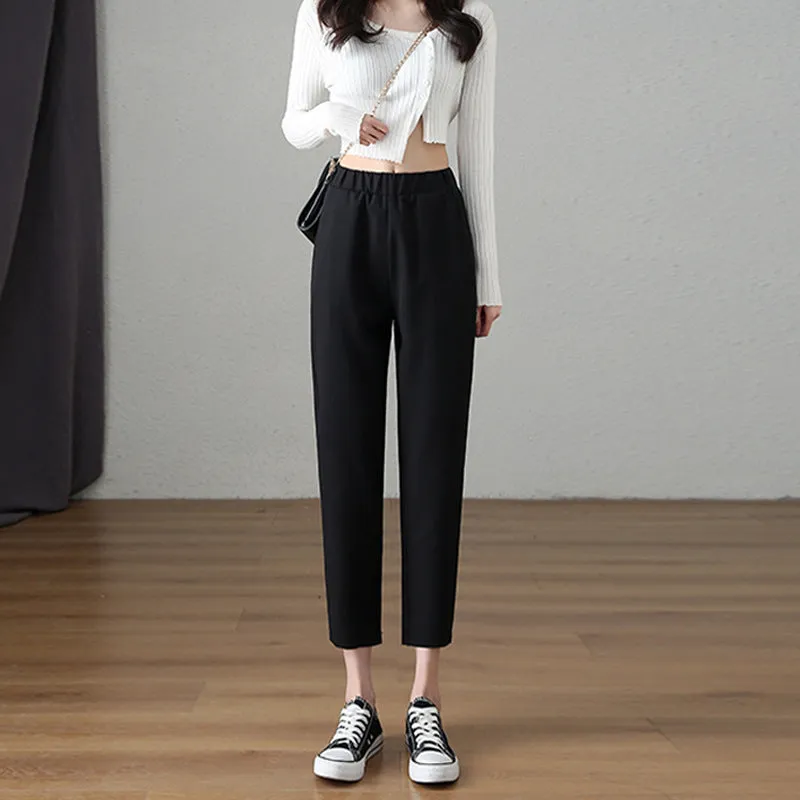 Suit Pants Women Thin Loose Black Harem High Waist Slim Look Petite Three Quarter Straight Casual Pants