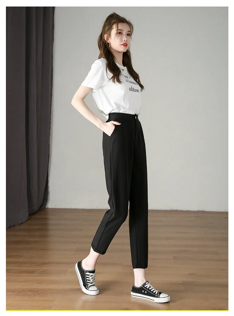 Suit Pants Women Thin Loose Black Harem High Waist Slim Look Petite Three Quarter Straight Casual Pants