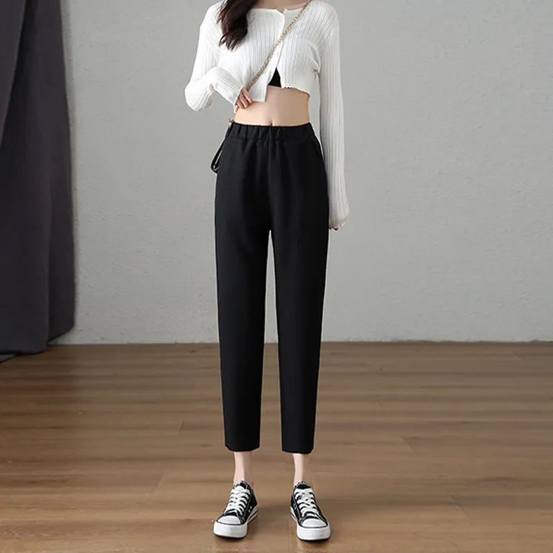 Suit Pants Women Thin Loose Black Harem High Waist Slim Look Petite Three Quarter Straight Casual Pants