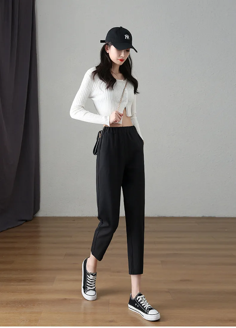 Suit Pants Women Thin Loose Black Harem High Waist Slim Look Petite Three Quarter Straight Casual Pants