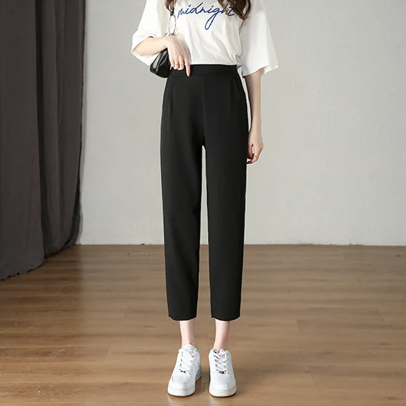 Suit Pants Women Thin Loose Black Harem High Waist Slim Look Petite Three Quarter Straight Casual Pants