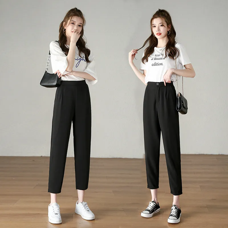 Suit Pants Women Thin Loose Black Harem High Waist Slim Look Petite Three Quarter Straight Casual Pants
