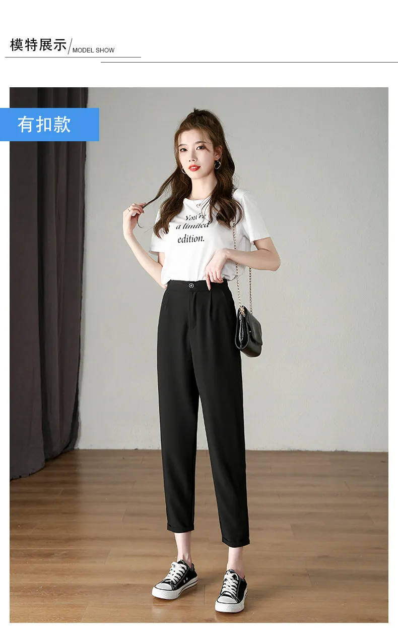 Suit Pants Women Thin Loose Black Harem High Waist Slim Look Petite Three Quarter Straight Casual Pants