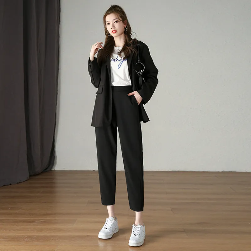 Suit Pants Women Thin Loose Black Harem High Waist Slim Look Petite Three Quarter Straight Casual Pants