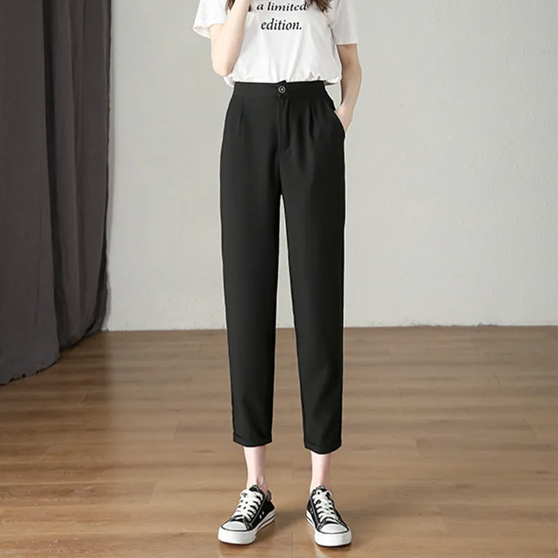 Suit Pants Women Thin Loose Black Harem High Waist Slim Look Petite Three Quarter Straight Casual Pants