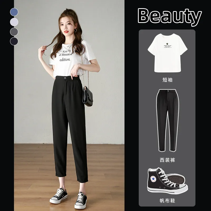 Suit Pants Women Thin Loose Black Harem High Waist Slim Look Petite Three Quarter Straight Casual Pants