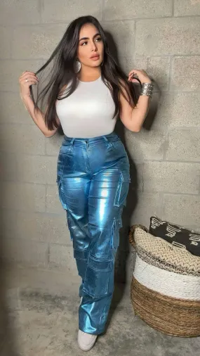 The Zoe Metallic Blue Cargo Pants