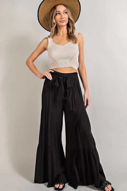 Tie Bow Smocked Tiered Wide Leg Pants