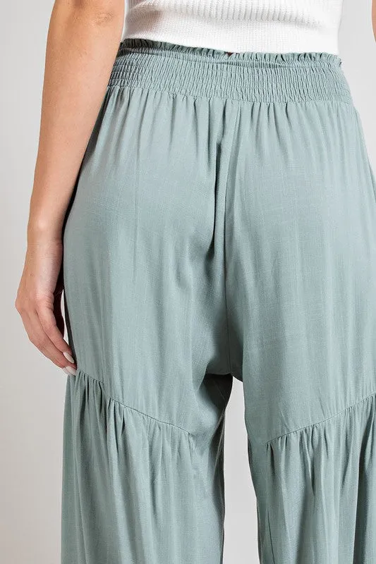 Tie Bow Smocked Tiered Wide Leg Pants