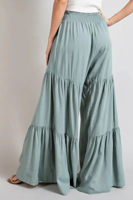 Tie Bow Smocked Tiered Wide Leg Pants
