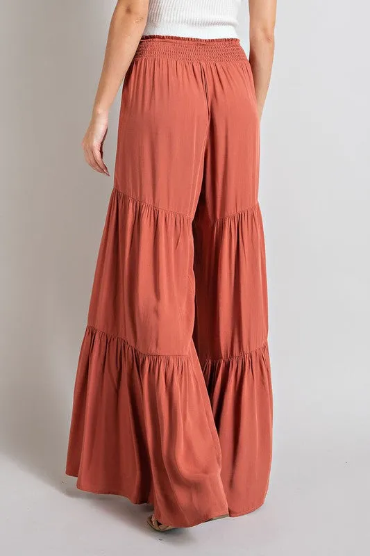 Tie Bow Smocked Tiered Wide Leg Pants