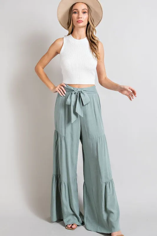 Tie Bow Smocked Tiered Wide Leg Pants