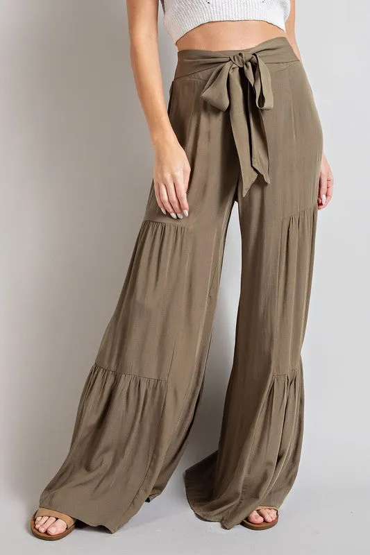 Tie Bow Smocked Tiered Wide Leg Pants