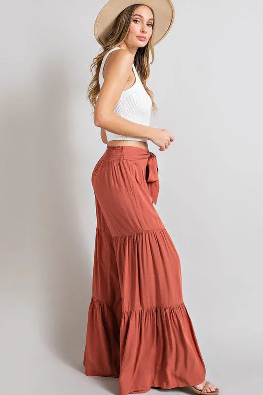 Tie Bow Smocked Tiered Wide Leg Pants