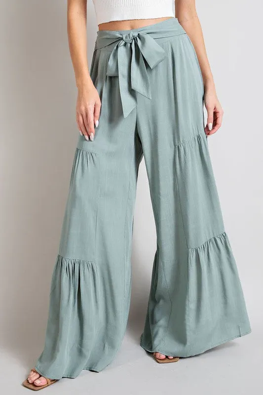 Tie Bow Smocked Tiered Wide Leg Pants