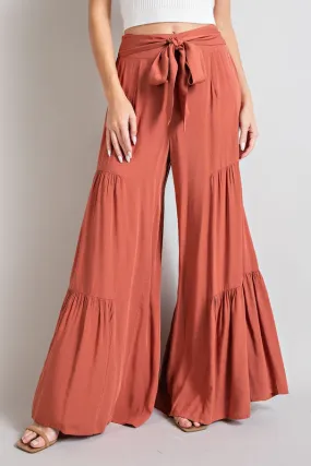 Tie Bow Smocked Tiered Wide Leg Pants