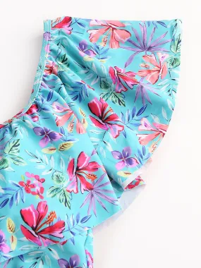 Tropical Plant Print Ruffles High Waist Bikini Hawaii Casual Swimsuit For Women
