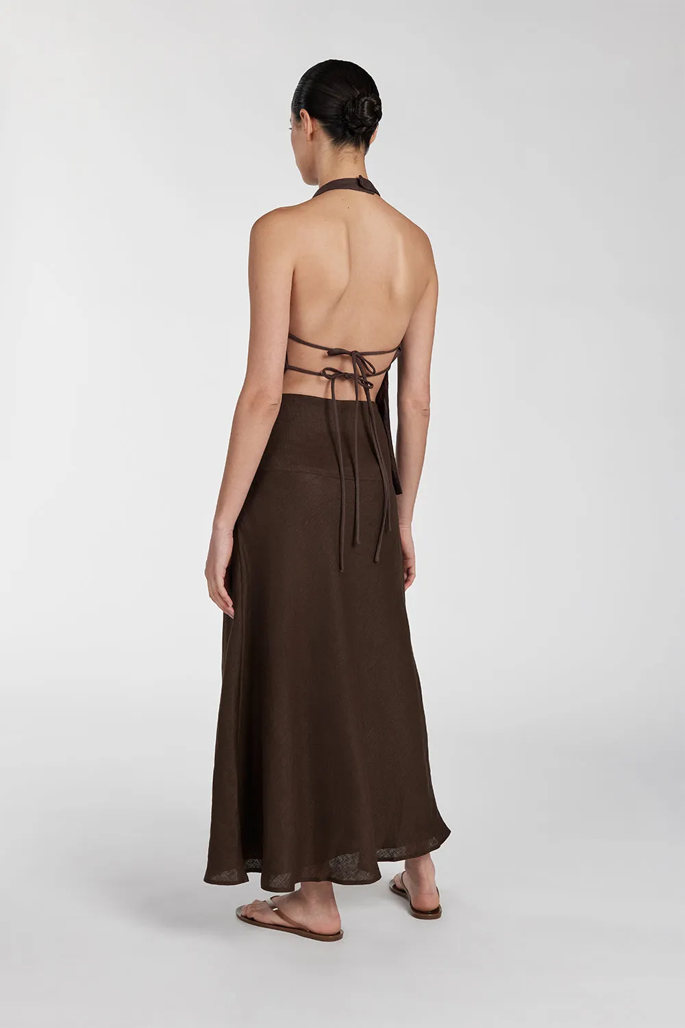 TYRA BITTER CHOC LINEN MIDI SKIRT