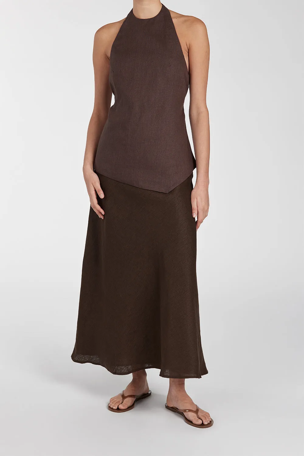 TYRA BITTER CHOC LINEN MIDI SKIRT