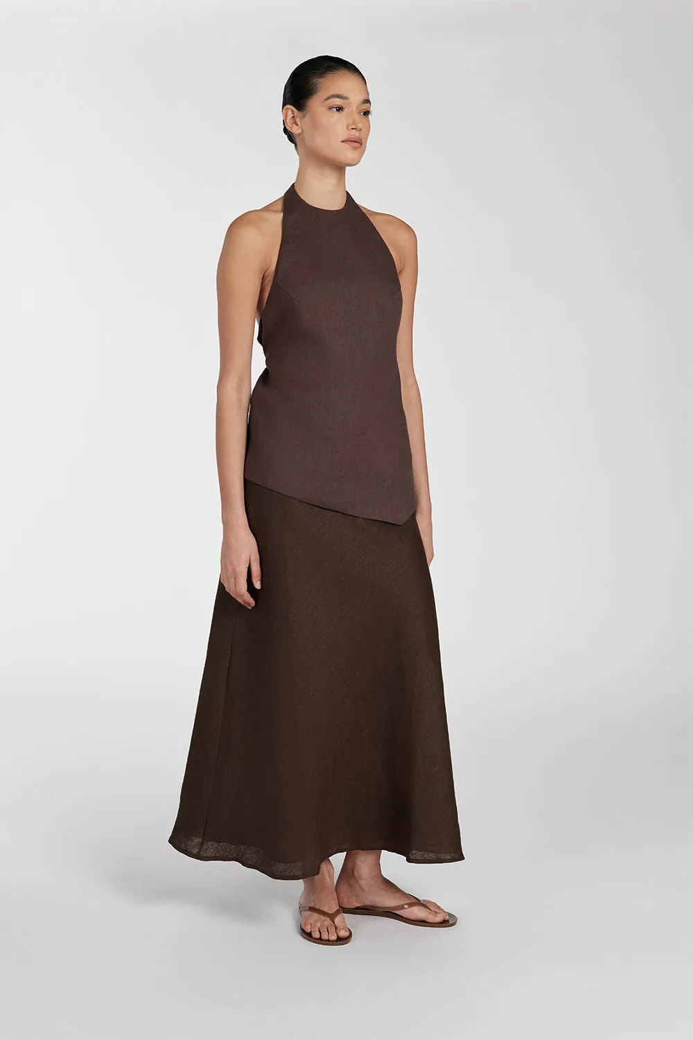 TYRA BITTER CHOC LINEN MIDI SKIRT