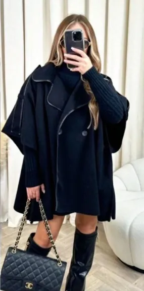 Vegan Leather Trim Button Cape