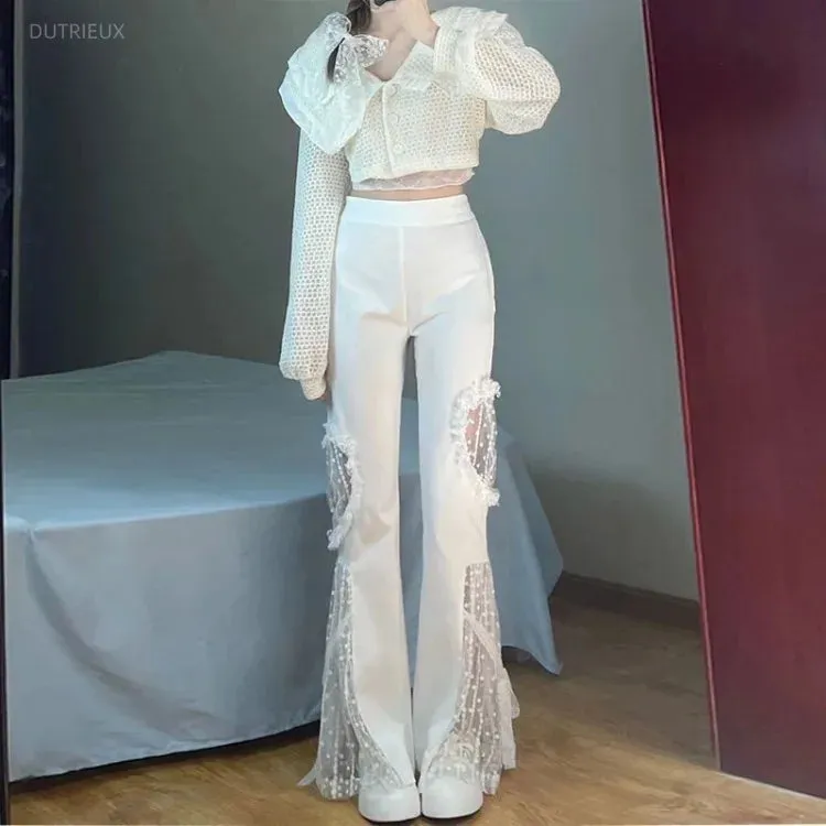 Vevesc New Mesh Lace Hollow Out Pants Summer High Waist Loose Wide Leg Y2k Fashion All-match Bell Bottom Jeans
