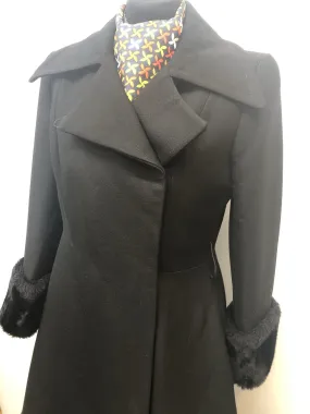 Vintage 1970s Coat with Faux Fur Trim and Cuffs by Mansfield Original in Black - Size UK 10