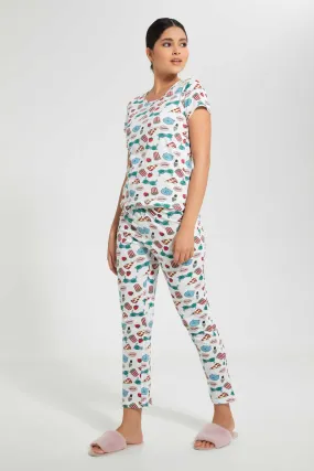 White All-Over Print Pyjama Set (2 Piece)
