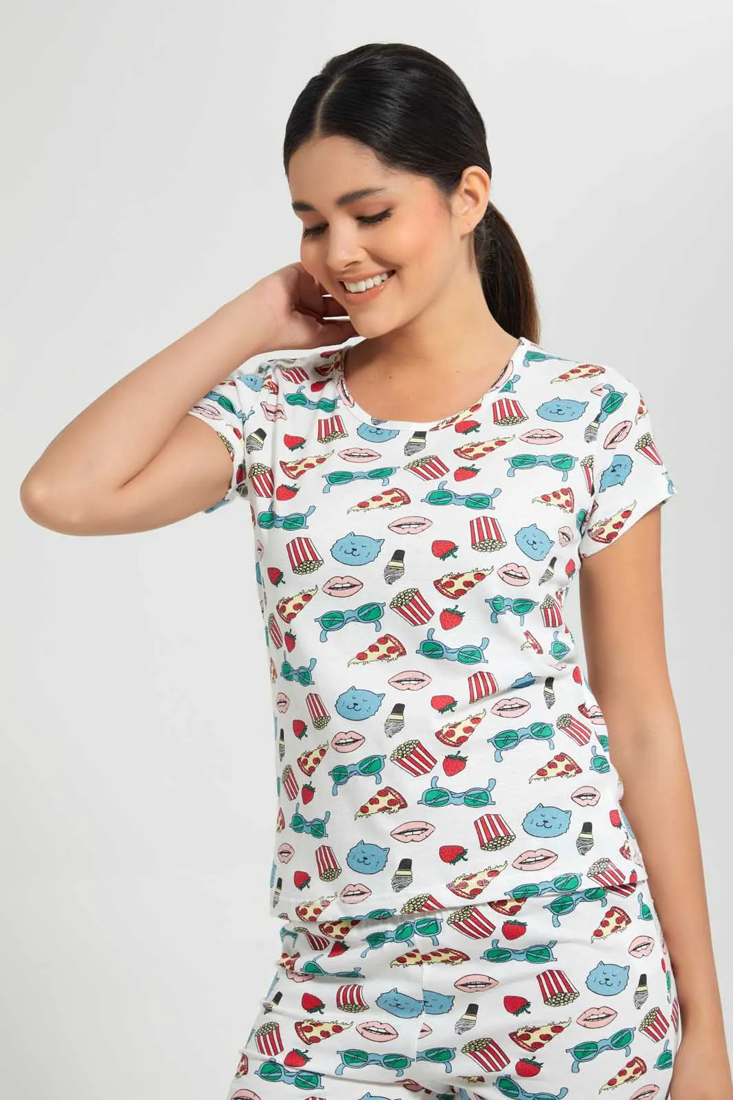 White All-Over Print Pyjama Set (2 Piece)