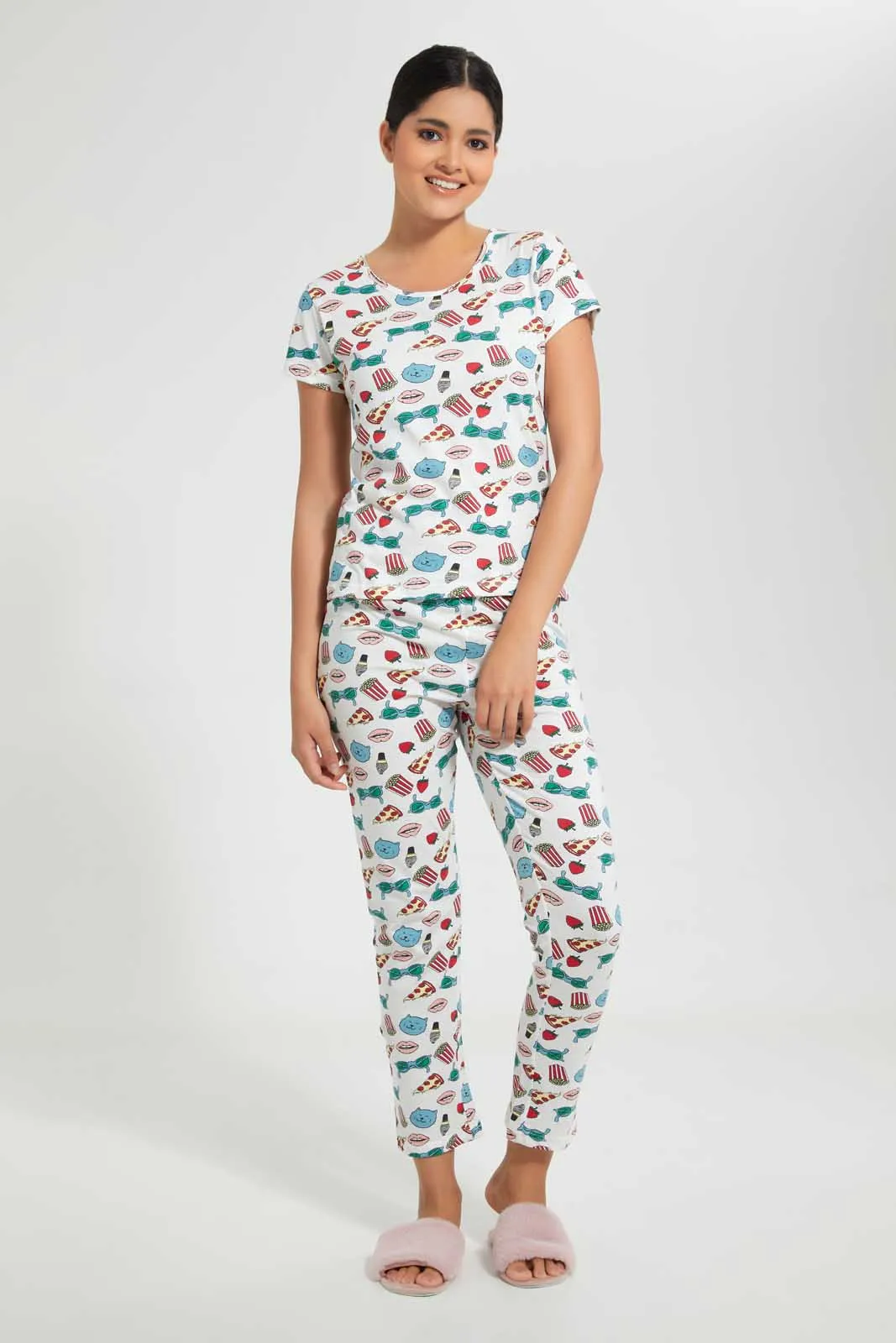 White All-Over Print Pyjama Set (2 Piece)
