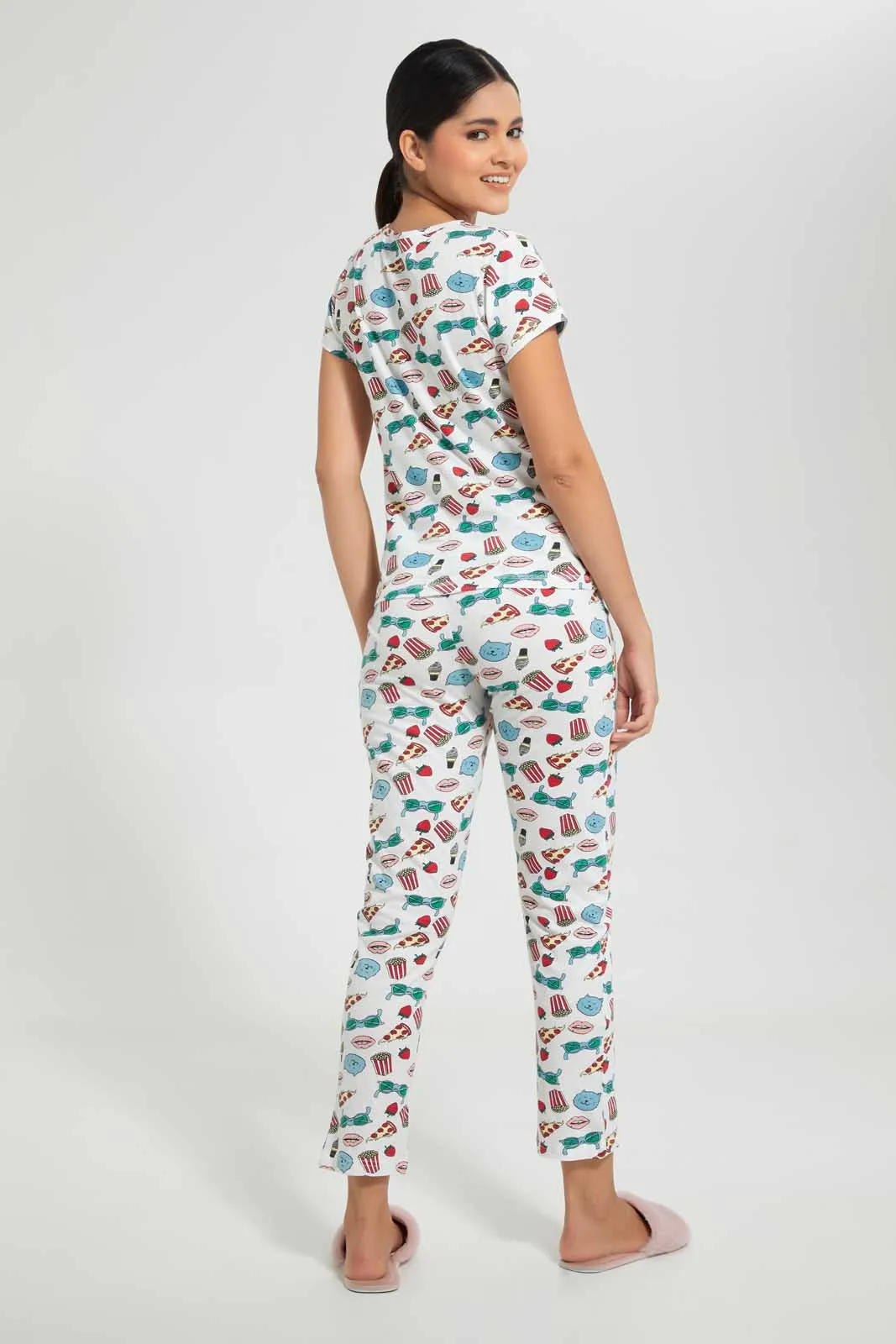 White All-Over Print Pyjama Set (2 Piece)