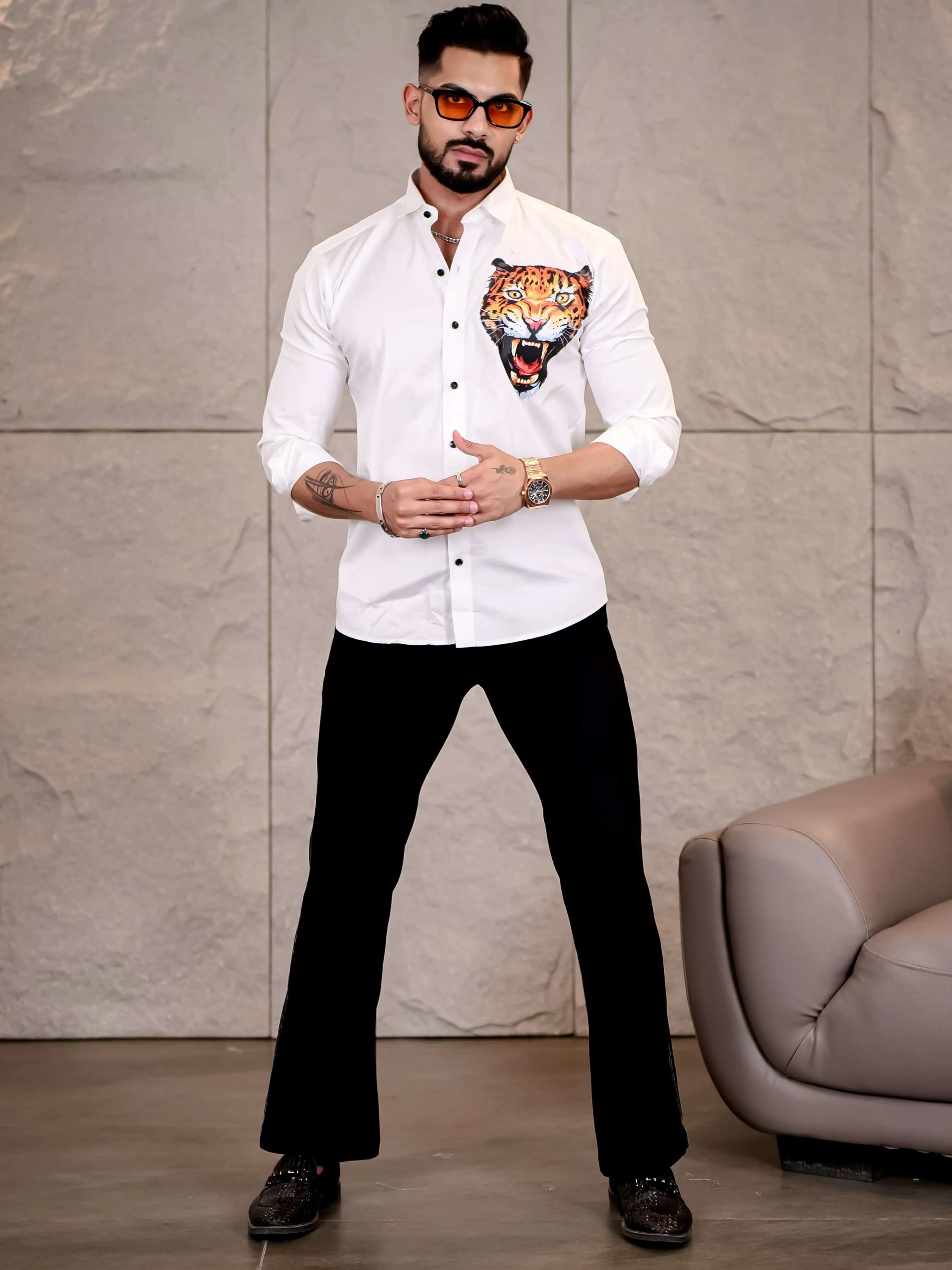White Club Wear Roar Cheetah Printed Satin Cotton Shirt
