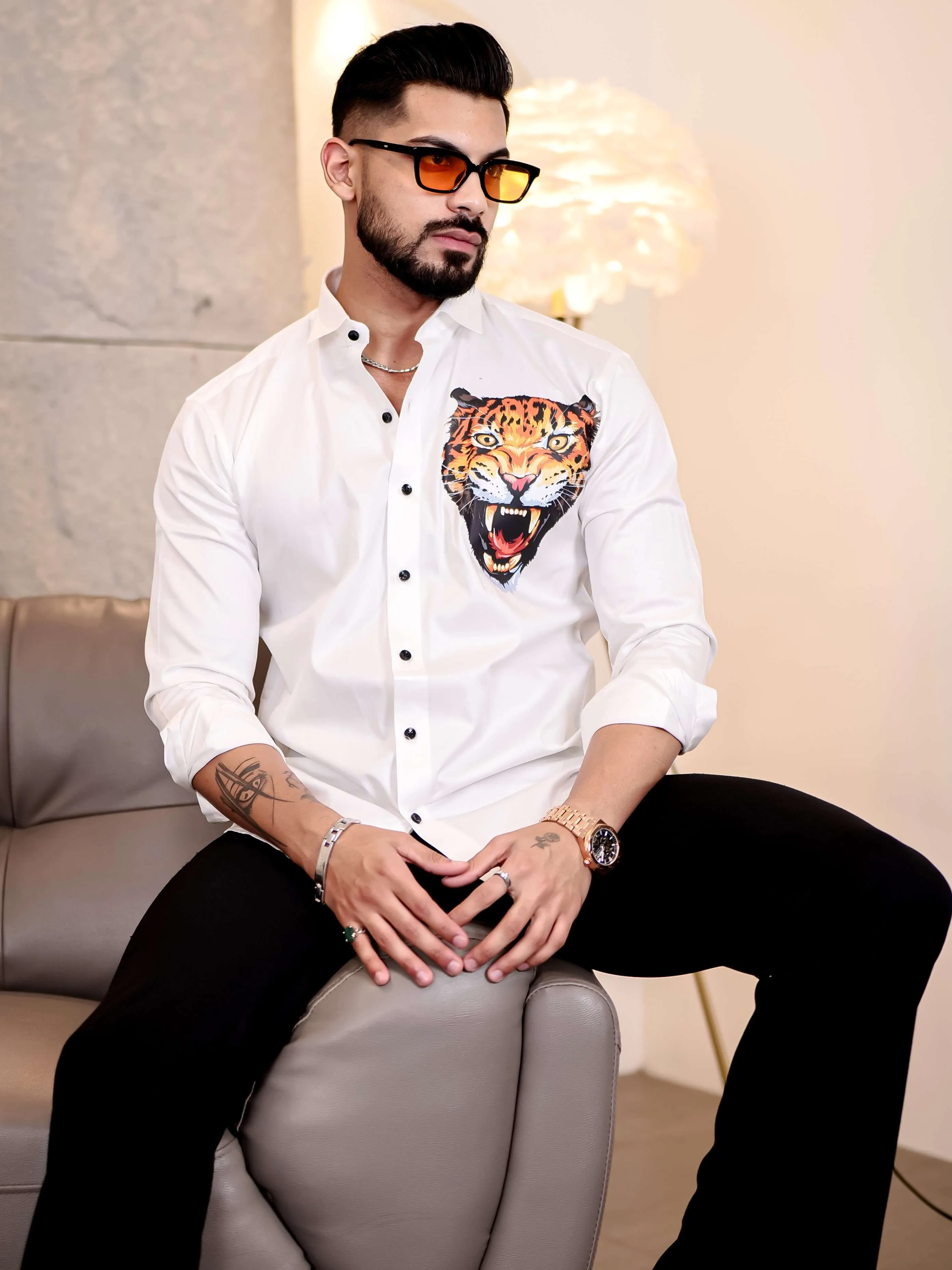 White Club Wear Roar Cheetah Printed Satin Cotton Shirt