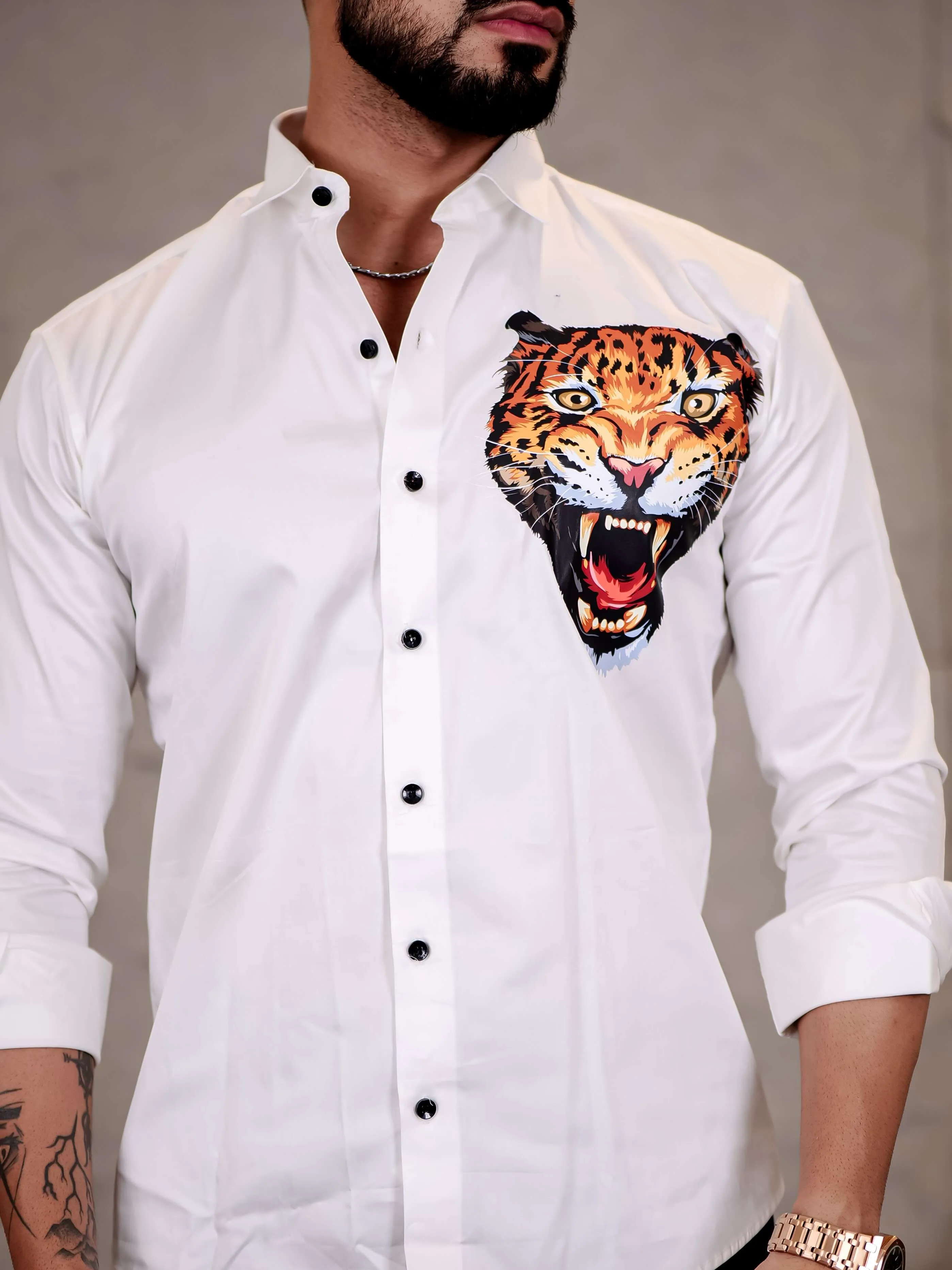 White Club Wear Roar Cheetah Printed Satin Cotton Shirt