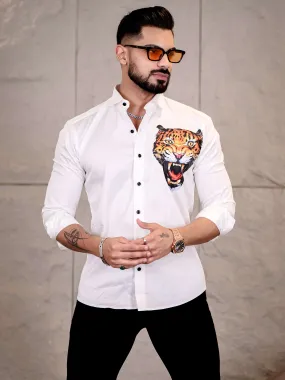 White Club Wear Roar Cheetah Printed Satin Cotton Shirt