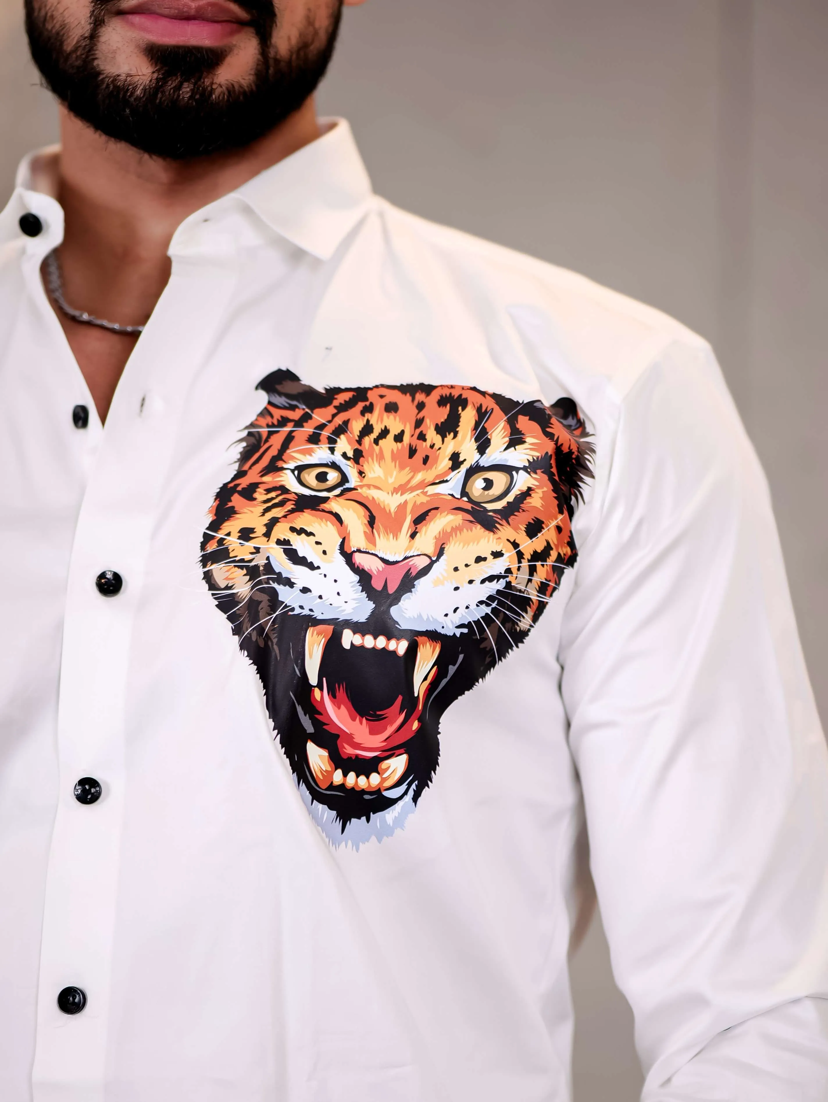 White Club Wear Roar Cheetah Printed Satin Cotton Shirt