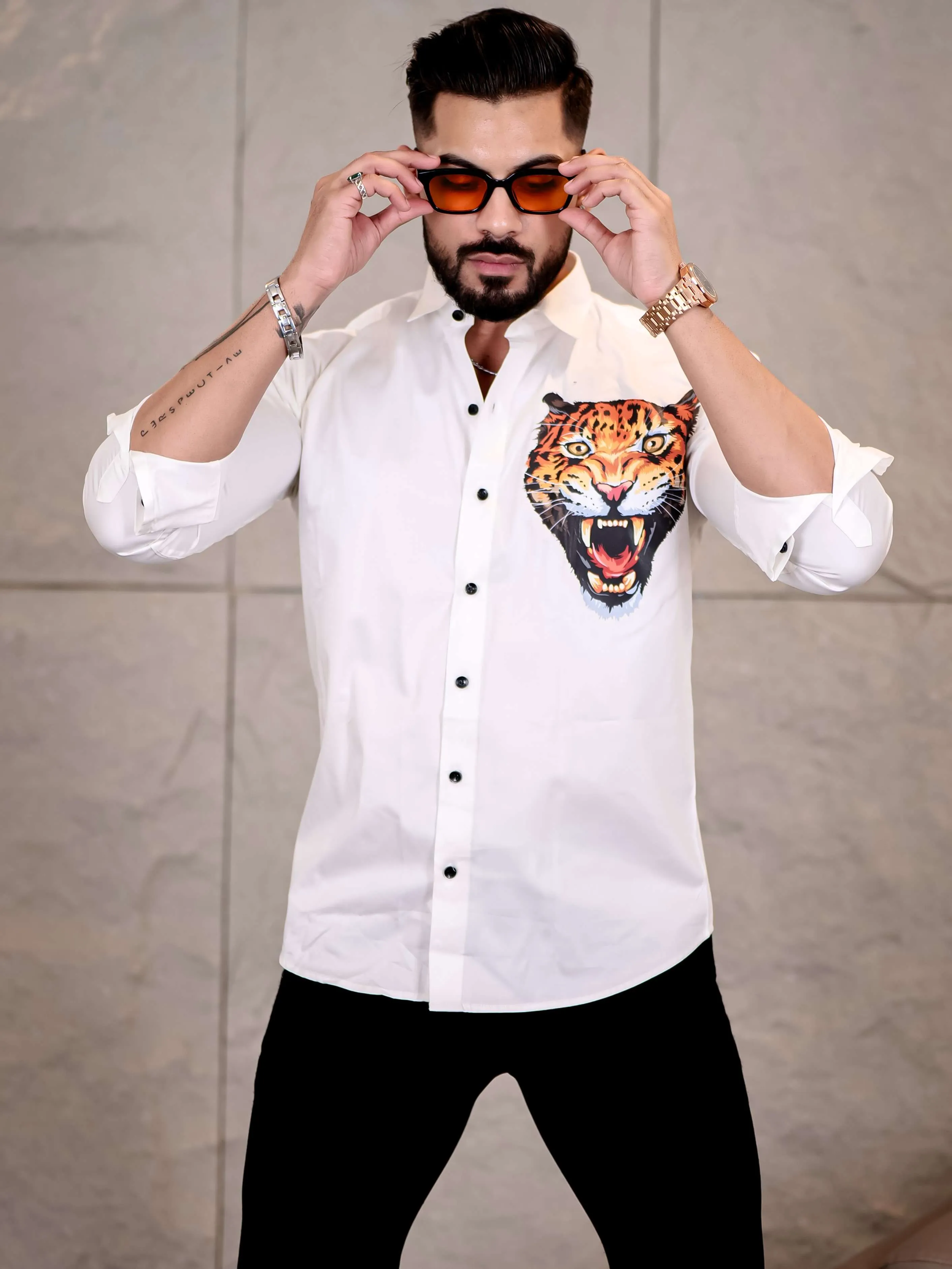White Club Wear Roar Cheetah Printed Satin Cotton Shirt
