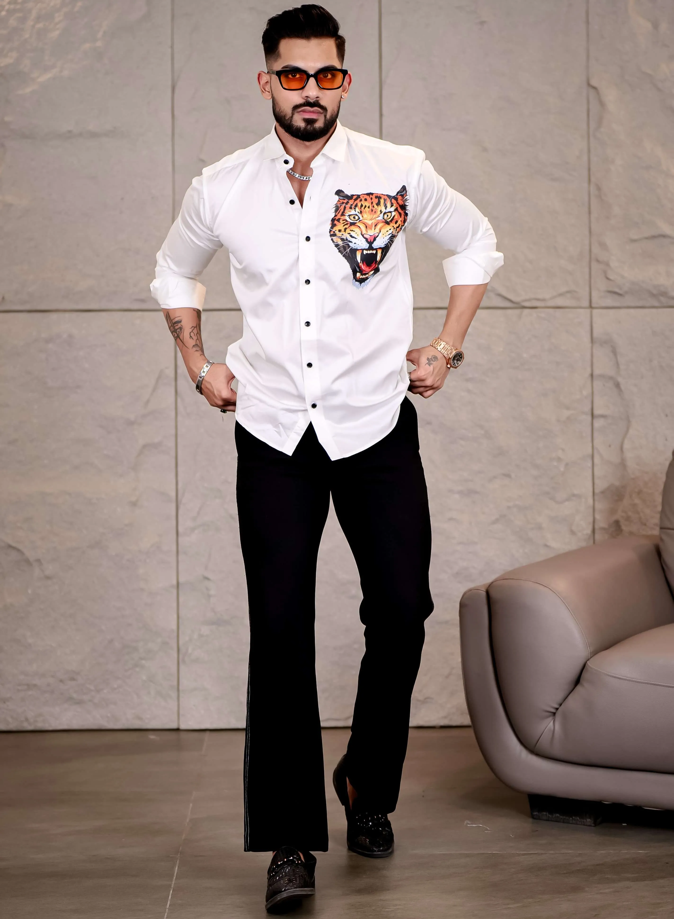 White Club Wear Roar Cheetah Printed Satin Cotton Shirt