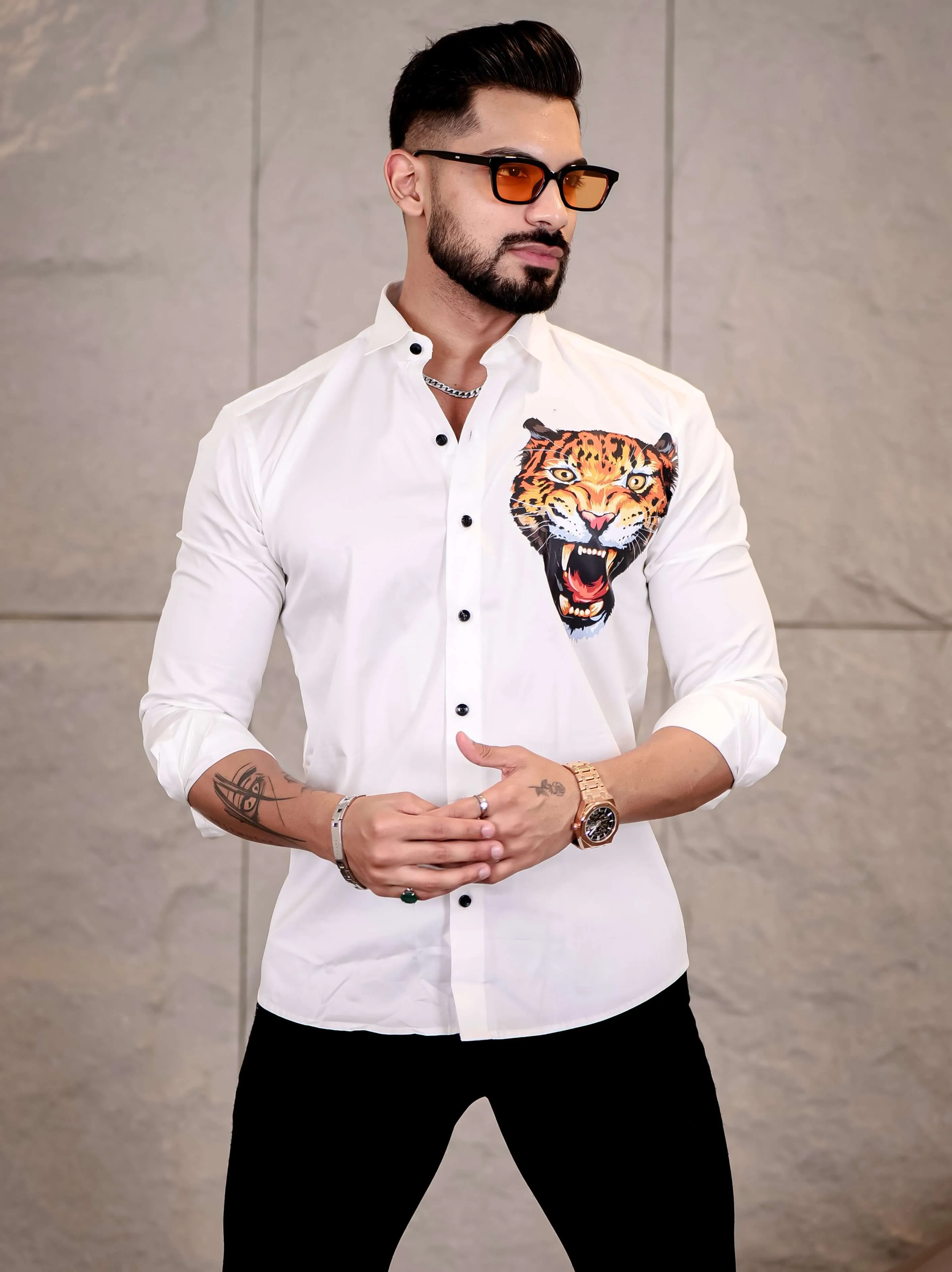 White Club Wear Roar Cheetah Printed Satin Cotton Shirt
